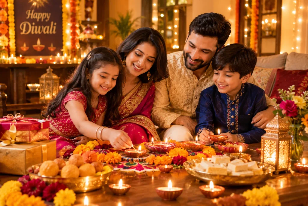 Heartfelt Happy Diwali Wishes showing a loving family sharing a warm celebration surrounded by glowing diyas and festive decorations.