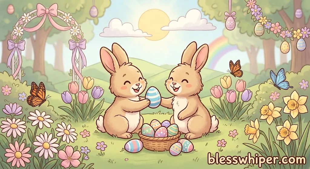 Cartoonish AI-generated bunnies, pastel Easter eggs, and spring flowers representing heartfelt happy Easter wishes for everyone.