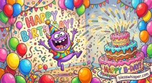 Cartoon character celebrating with a funny cake and balloons for hilarious birthday wishes