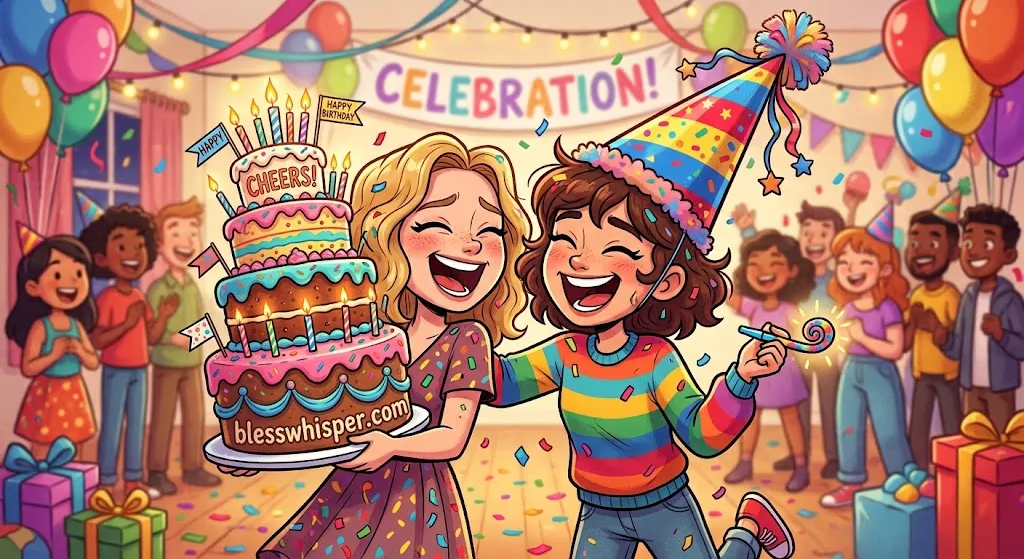 Cartoon best friends celebrating with hilarious birthday wishes and cake