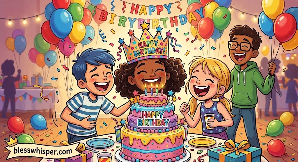 Cartoon friends laughing at a birthday party with hilarious birthday wishes