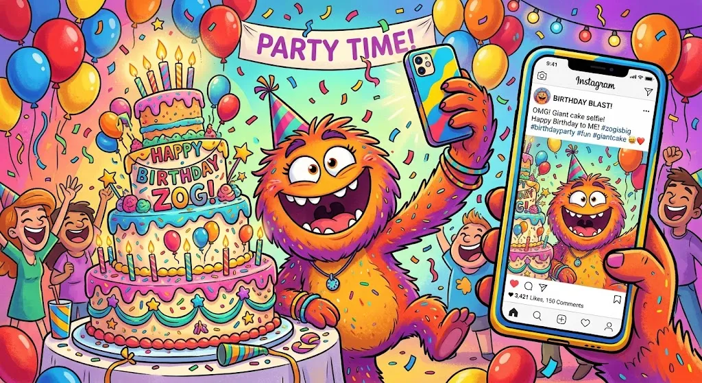Cartoon birthday selfie with hilarious birthday wishes for social media