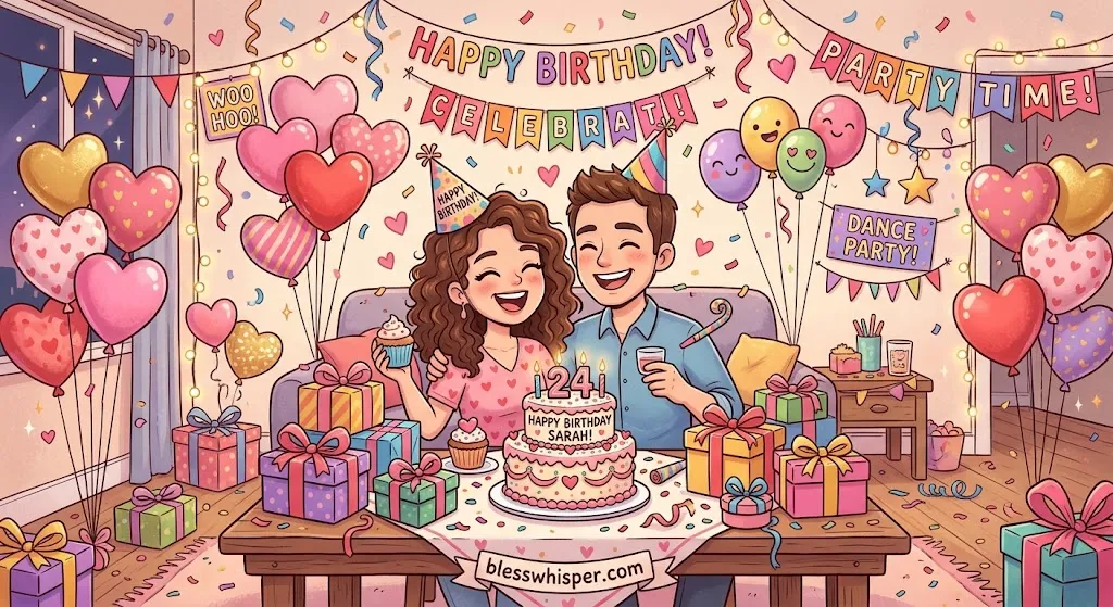 Cartoon couple celebrating together with hilarious birthday wishes