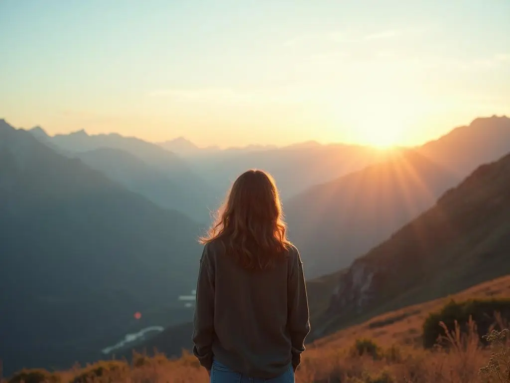 Inspirational 50th birthday wishes with a person watching a beautiful sunrise over mountains symbolizing new beginnings.