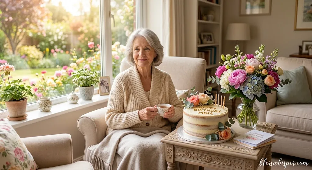 Birthday Blessings for Mother with inspirational birthday message, flowers, and peaceful celebration