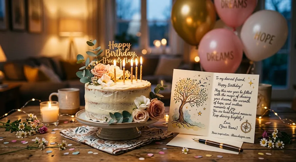 happy birthday wishes for friend with inspirational message, birthday cake, and candles