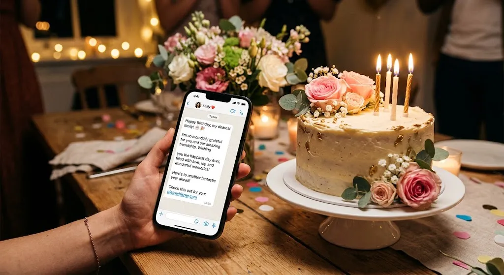 Long Birthday Messages for WhatsApp displayed on a smartphone with birthday cake