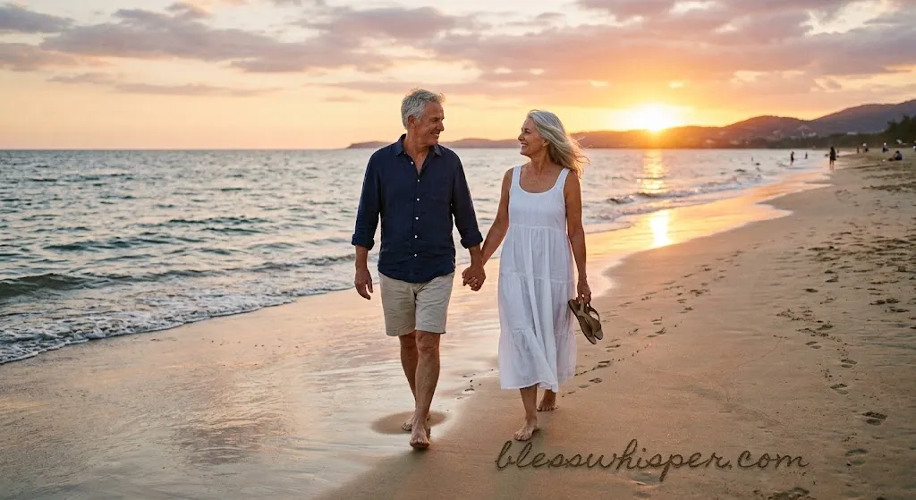 Meaningful anniversary wishes for couple walking together on a peaceful beach