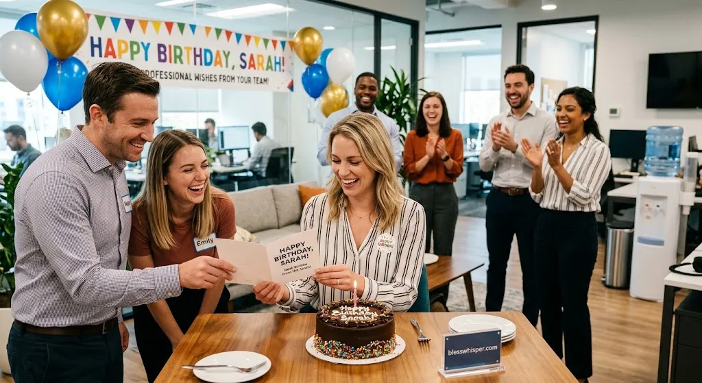 Professional happy birthday wishes for coworker with office cake and birthday card