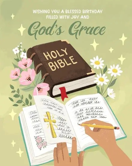 Christian happy birthday wishes with religious birthday blessings, a Bible, cross, candles, and prayer card.