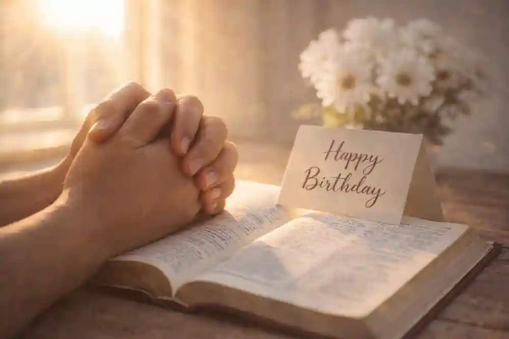 Happy birthday wishes simple text with religious blessings, an open Bible, a birthday cake, and white flowers.