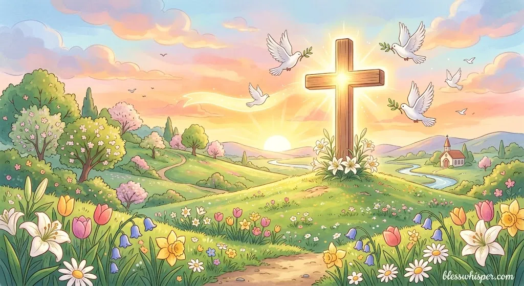Cartoonish AI-generated cross, sunrise, flowers, and doves representing religious Easter wishes and Christian blessings with happy Easter wishes.