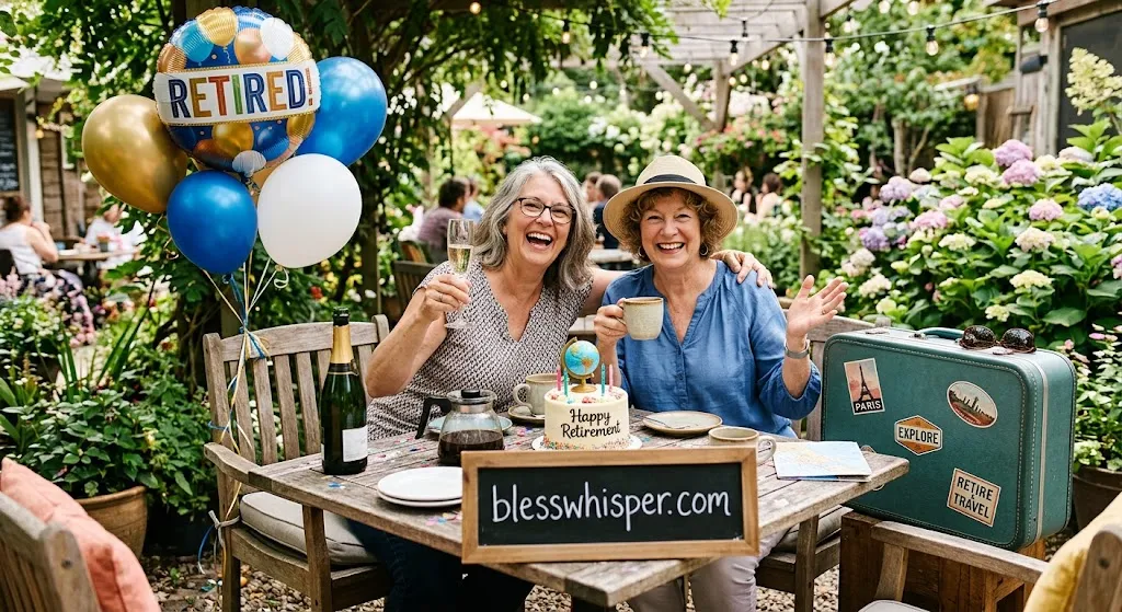 Happy retirement wishes for a friend with a joyful celebration and new adventure theme