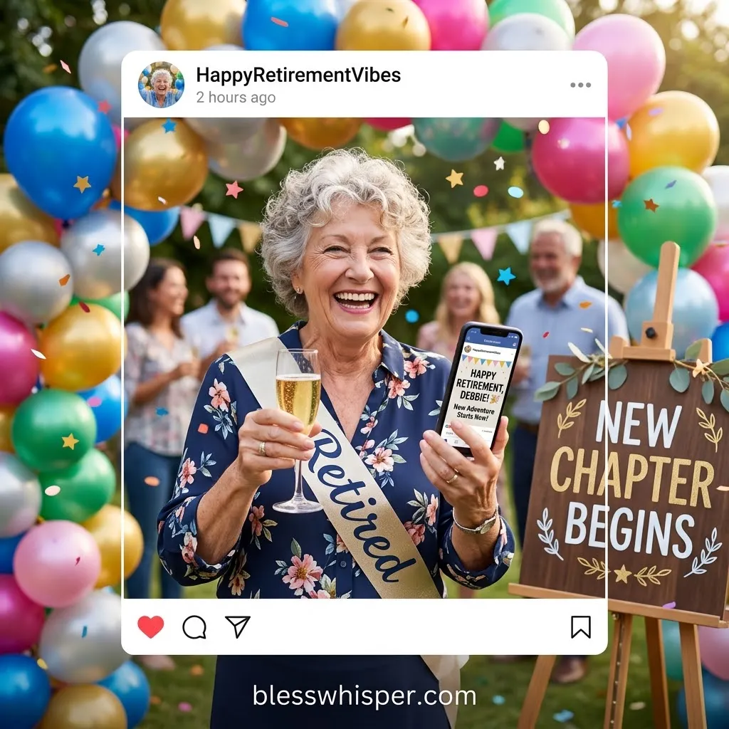 Happy retirement wishes for social media and Instagram with a colorful retirement celebration
