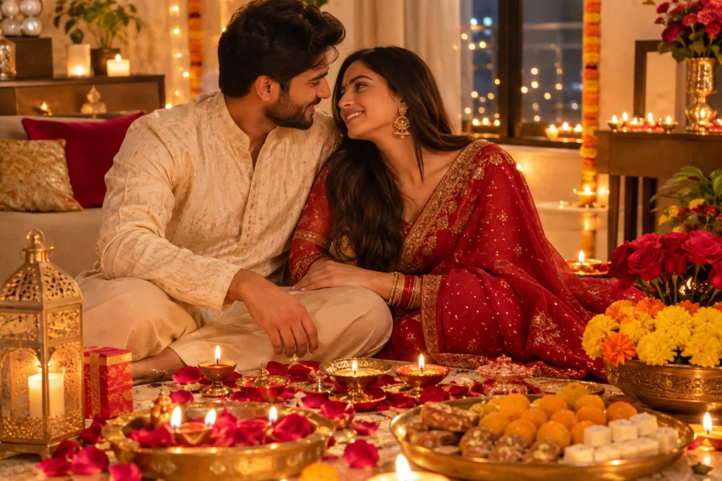 Romantic Happy Diwali Wishes for a husband, wife, or partner showing a loving couple celebrating beside glowing diyas and festive decorations.