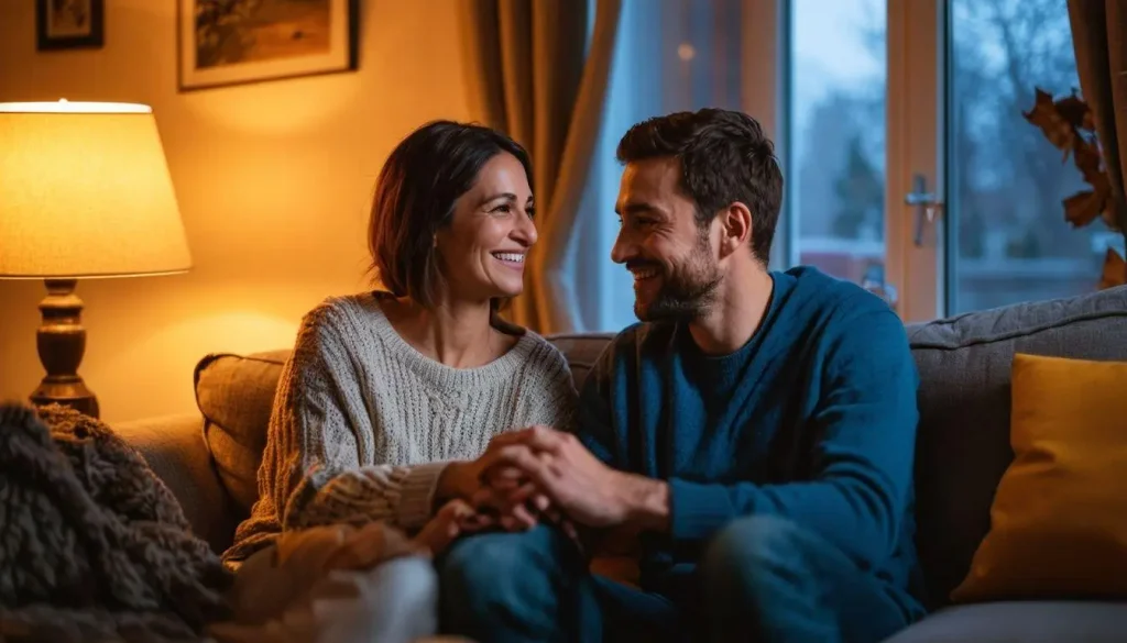 Realistic romantic couple sharing a tender nighttime moment inspired by romantic goodnight texts for him