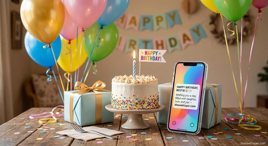 happy birthday wishes for friend with short birthday message, cake, and balloons