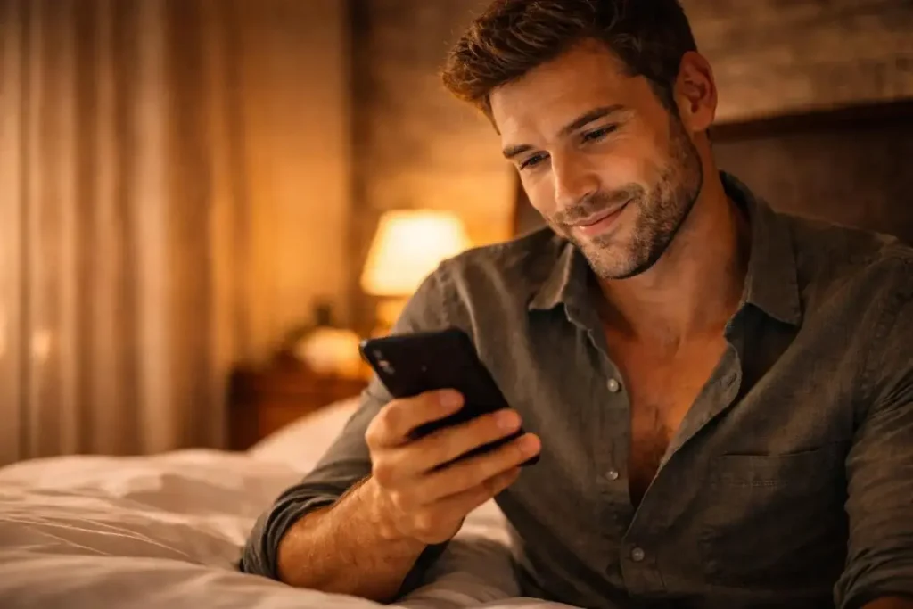 Realistic man smiling at his phone while reading short flirty goodnight texts for him in a cozy bedroom