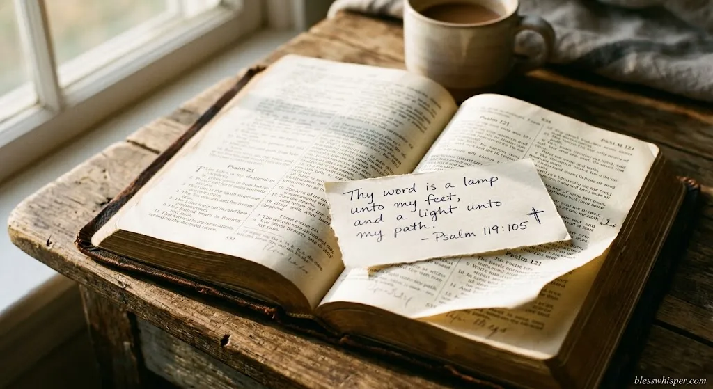 Friday good morning Bible verses with short Scriptures and an open Bible in morning light