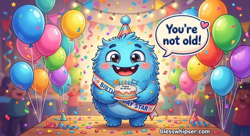 Funny happy birthday wishes with a cartoon character holding a cake and colorful birthday balloons