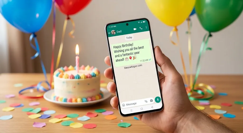 Short Happy Birthday Wishes for WhatsApp on a smartphone with birthday cake