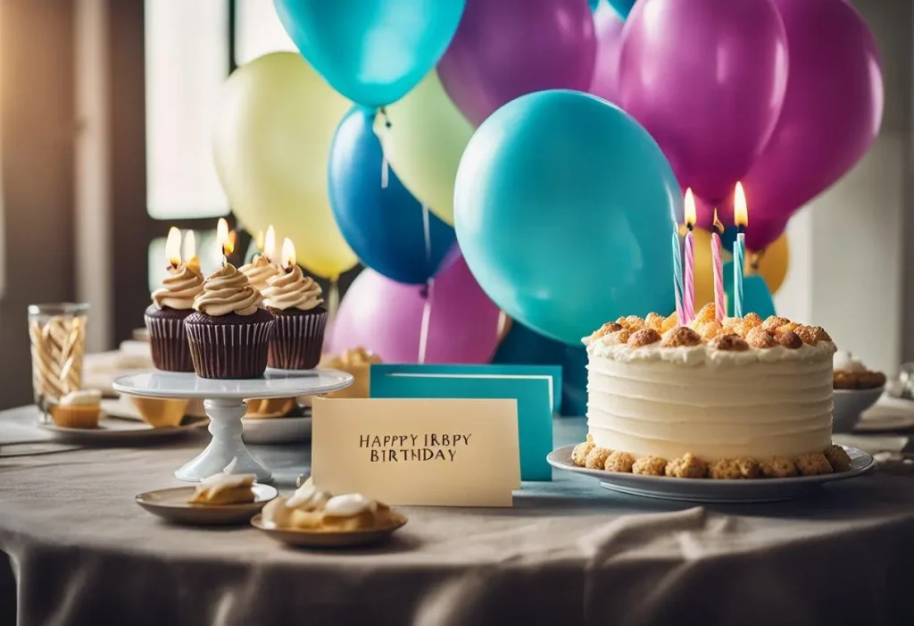 Happy birthday wishes simple text with a birthday cake, balloons, and a short greeting card.
