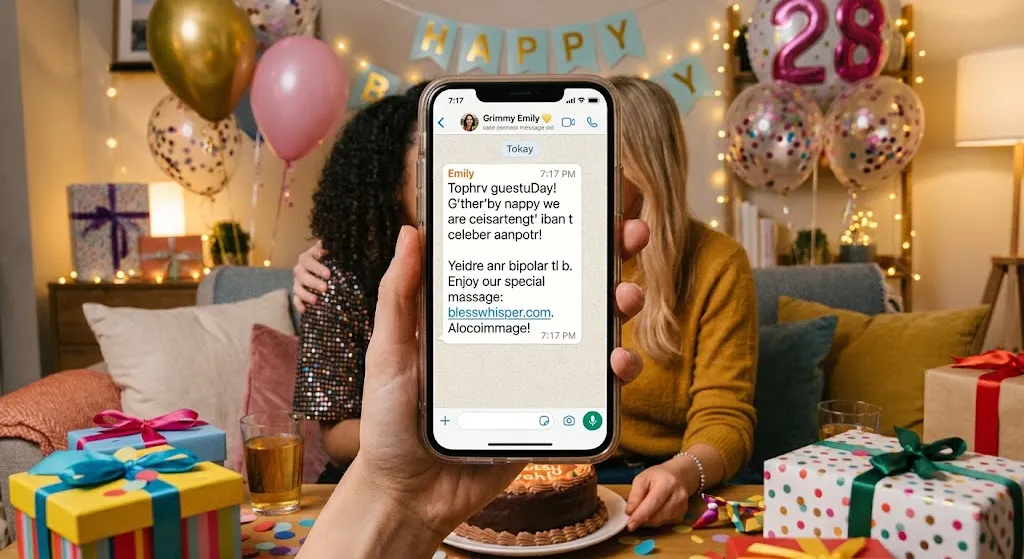 Sweet Birthday Messages for Friends with cake, balloons, and a phone