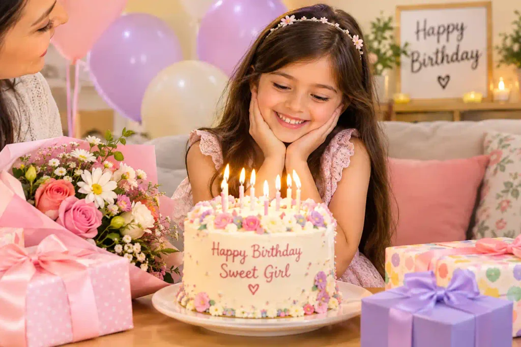 Sweet happy birthday wishes for daughter with a smiling daughter celebrating beside a birthday cake and balloons