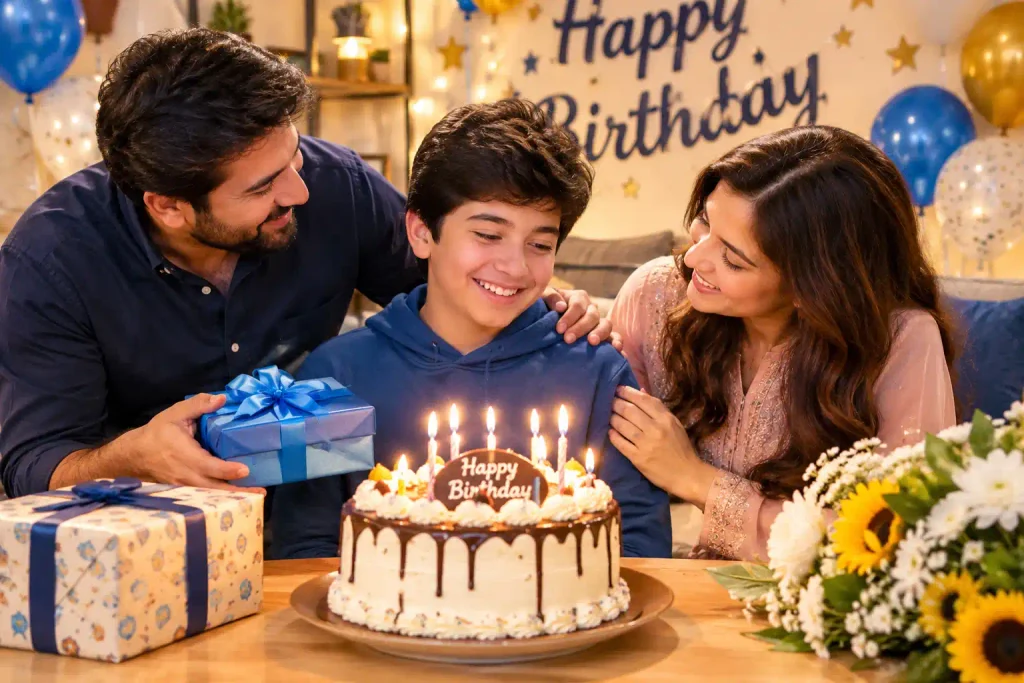 Sweet happy birthday wishing son celebrating with cake, gifts, balloons, and loving parents