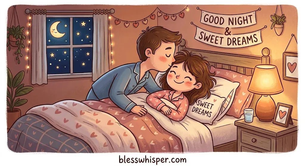 Good Night Messages for Wife with a sweet couple sharing a bedtime kiss