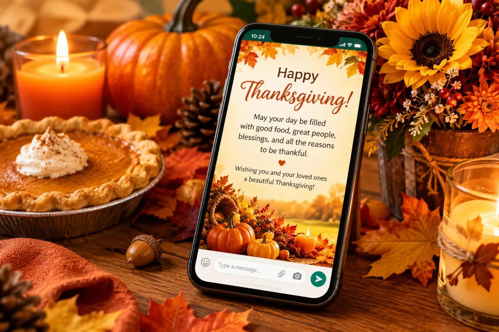 Happy Thanksgiving Day wishes displayed as a warm Thanksgiving message on a smartphone beside festive decorations.