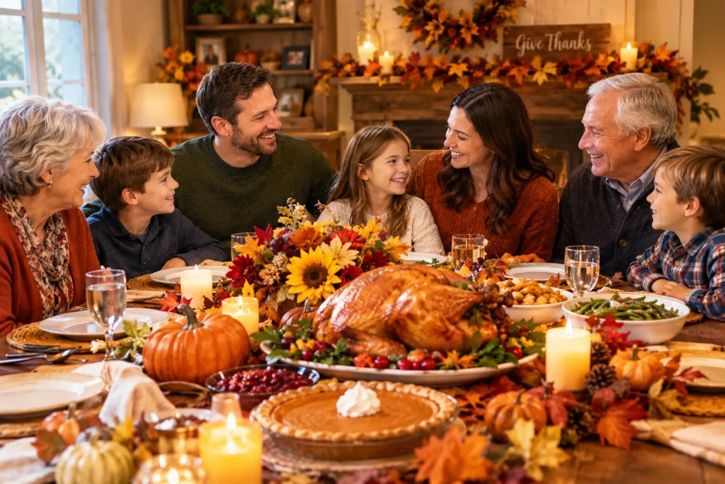 Happy Thanksgiving Day wishes shared by a loving family gathered together for a warm Thanksgiving celebration.