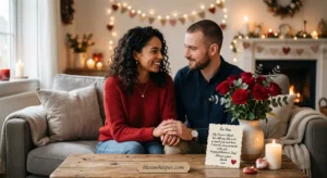 Touching Valentine message for him with romantic Valentine’s Day card and roses