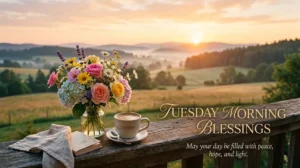 Tuesday morning blessings with peaceful sunrise and flowers