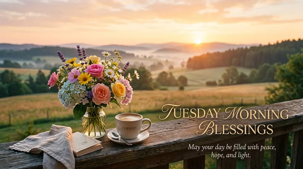 Tuesday morning blessings with peaceful sunrise and flowers