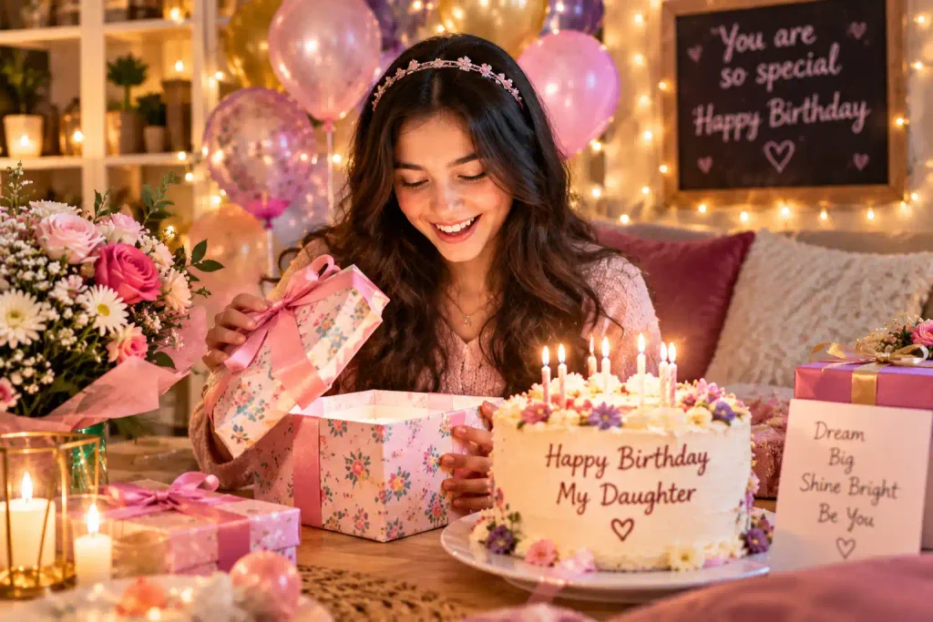 Unique happy birthday wishes for daughter with a daughter opening a surprise gift beside a personalized birthday cake