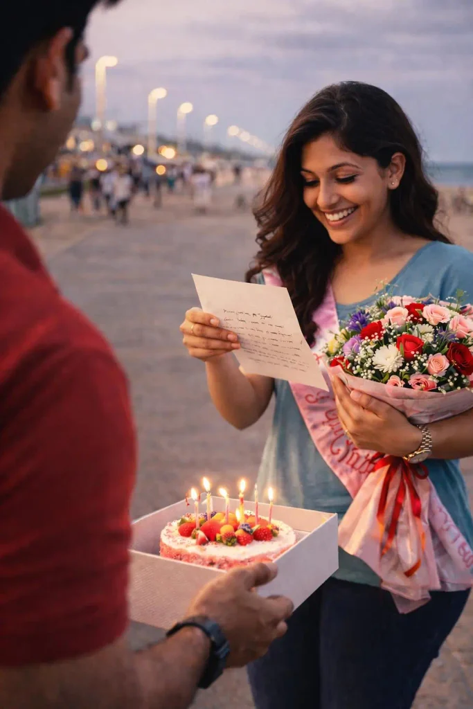 Unique happy birthday wishes for sister with a thoughtful handwritten birthday card, flowers, and an elegant cake.