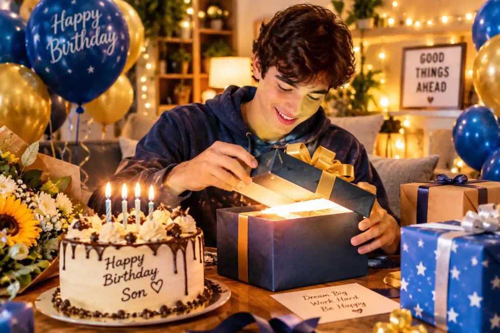 Unique happy birthday wishing son celebrating with a personalized cake, surprise gift, and decorations