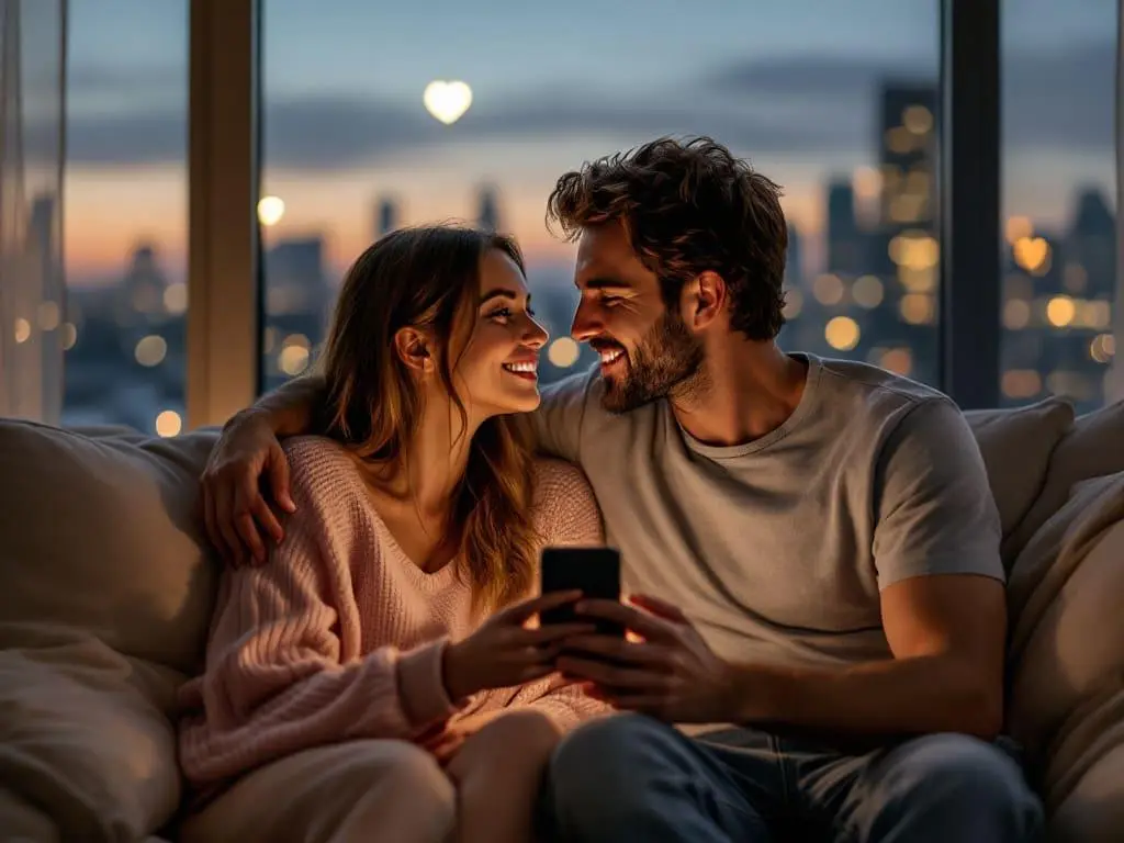 Realistic couple sharing a personalized romantic message at night inspired by unique flirty goodnight texts for him