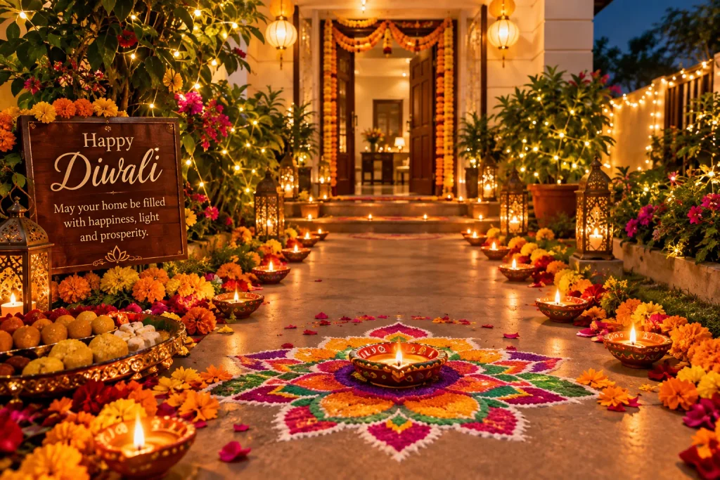 Unique Happy Diwali Wishes featuring glowing diyas, colorful rangoli, traditional sweets, flowers, and elegant Diwali decorations.
