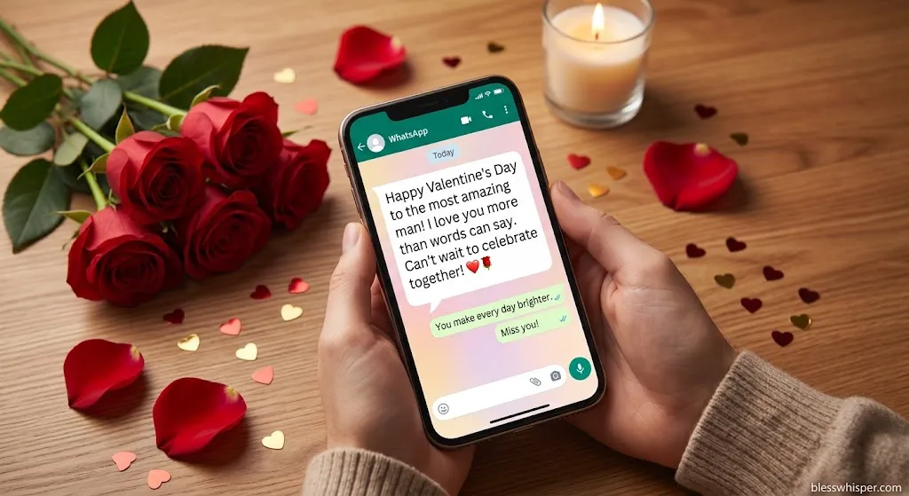 Touching Valentine message for him on WhatsApp with romantic love message on phone