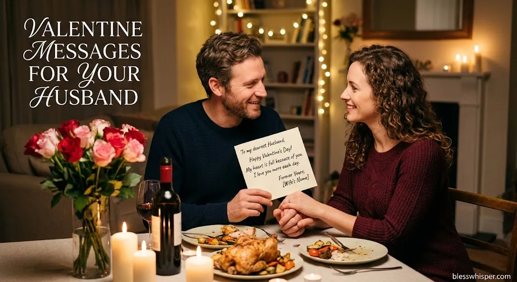 Touching Valentine message for him from wife with roses and romantic Valentine card