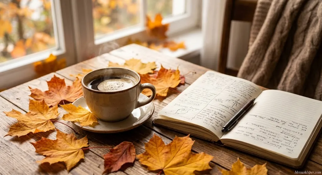Wednesday fall quotes with autumn leaves and warm coffee