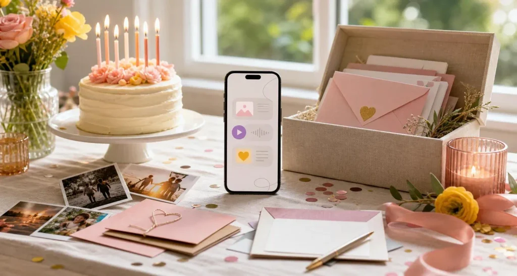 Birthday quotes for myself displayed beside a cake, flowers, and a smartphone.