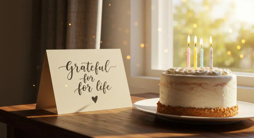 Birthday quotes for myself displayed on a smartphone beside a birthday cake and flowers