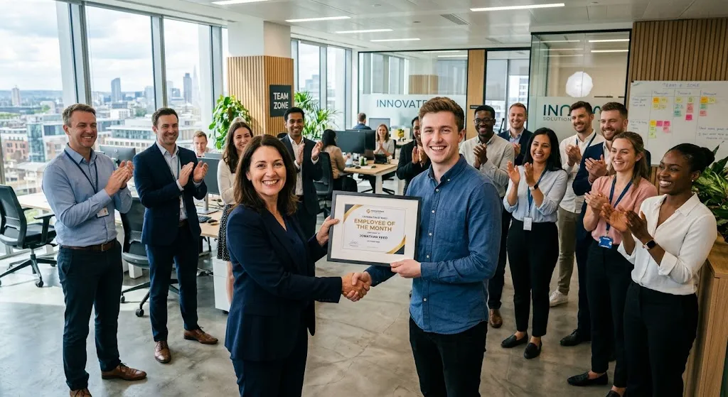 A manager presenting an employee with a congratulatory certificate in a bright modern office while coworkers applaud naturally.