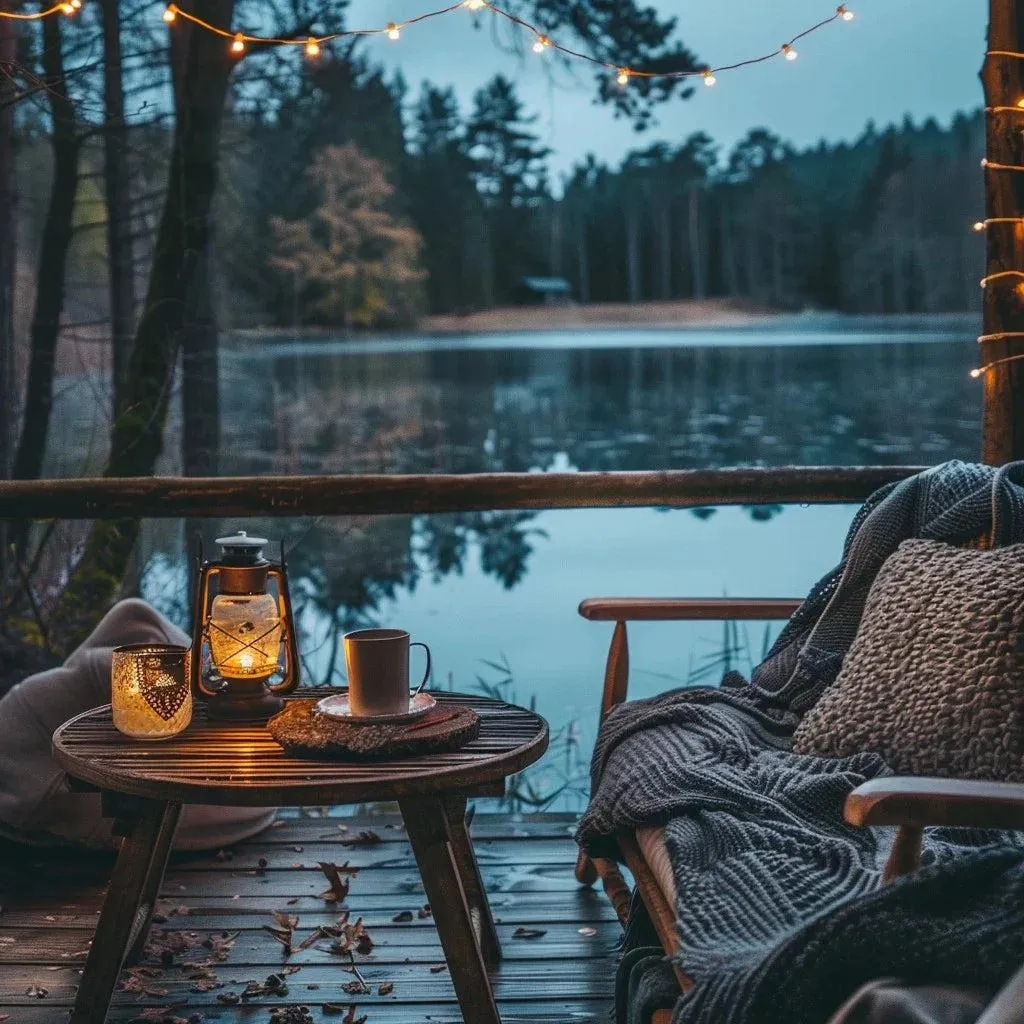 Happy October Blessings for chilly autumn days with warm tea, a knitted blanket, candlelight, and fall leaves.