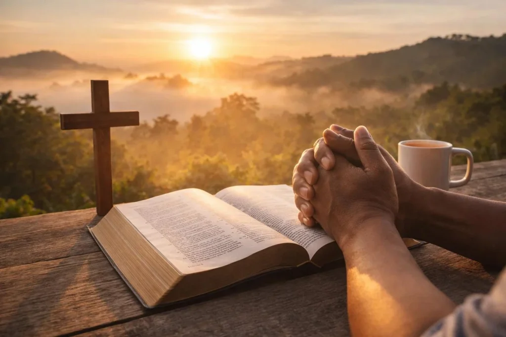 Hands folded in prayer during a peaceful Friday morning sunrise, expressing gratitude.