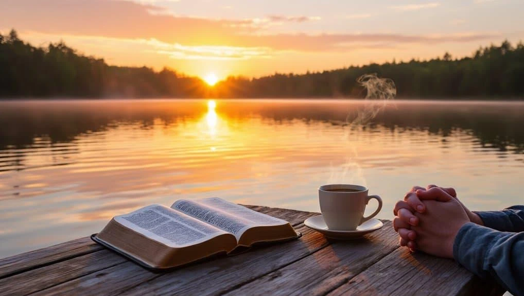 Open Bible and wooden cross beside a peaceful lake at sunrise, symbolizing strength and peace.