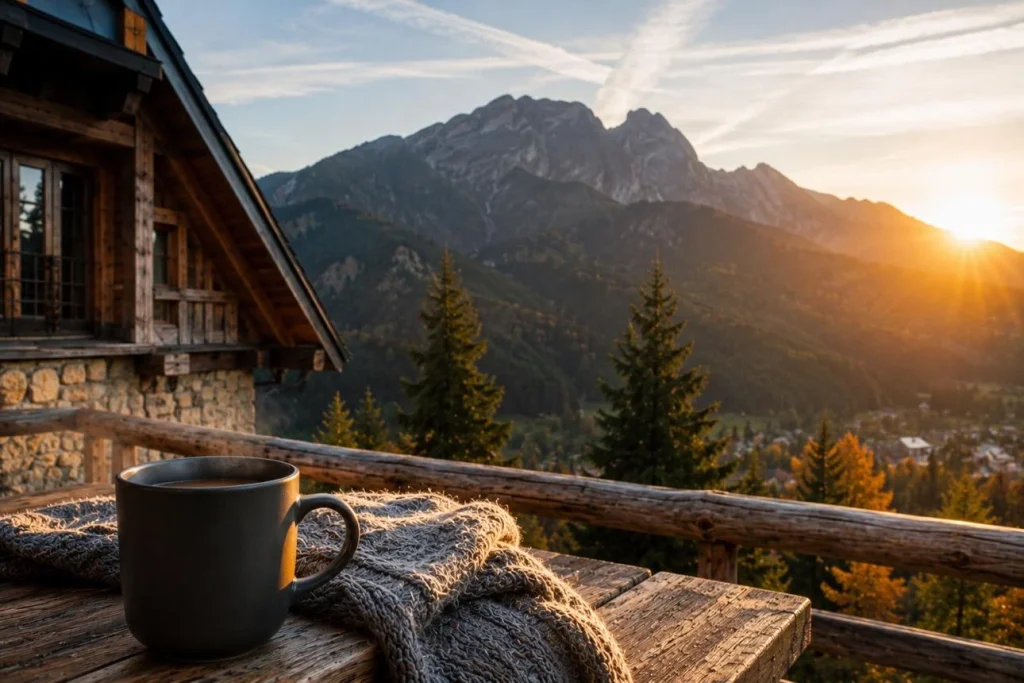 Beautiful sunrise over green mountains with a coffee mug, welcoming a peaceful weekend.